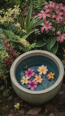Frangipani flowers floating in water bowl