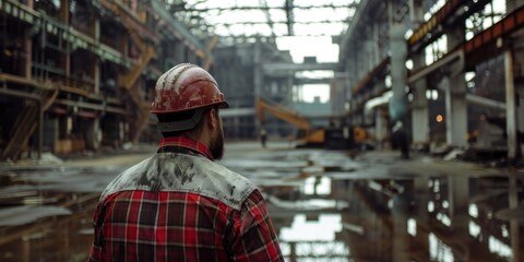 Industrial worker in a hard hat, observing machinery in a manufacturing factory, highlighting industrial work environments.