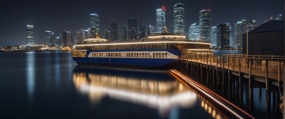 Rendering of a ferry approaching a dock in a port with numerous urban buildings in the background