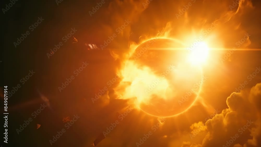 Poster stunning image of a fiery sun with intense solar flares and bright bursts of light. dramatic represe