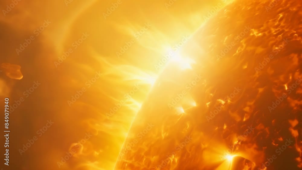 Poster dramatic close-up of the sun with intense solar flares and a crescent moon in the background. vivid 