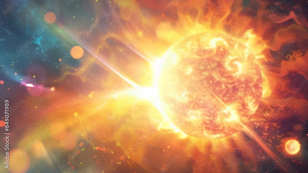 Poster Vivid image of intense solar activity with dynamic flares and vibrant cosmic colors. Spectacular representation of astrophysical phenomena and solar dynamics concept. Ideal for space science and educa