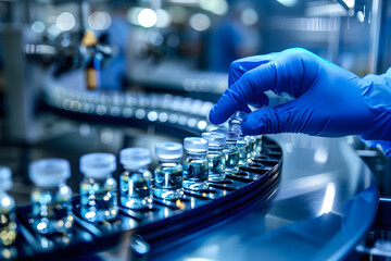 Medicine, vaccine concept, a hand wearing medical gloves is operating drugs on the assembly line