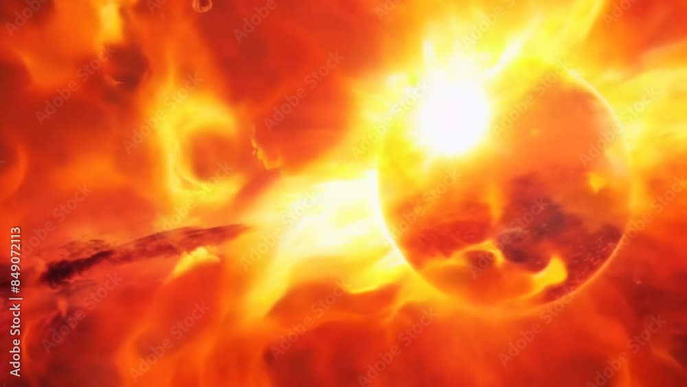 Poster dramatic image of the sun with intense solar flares and vibrant red cosmic background. powerful depi