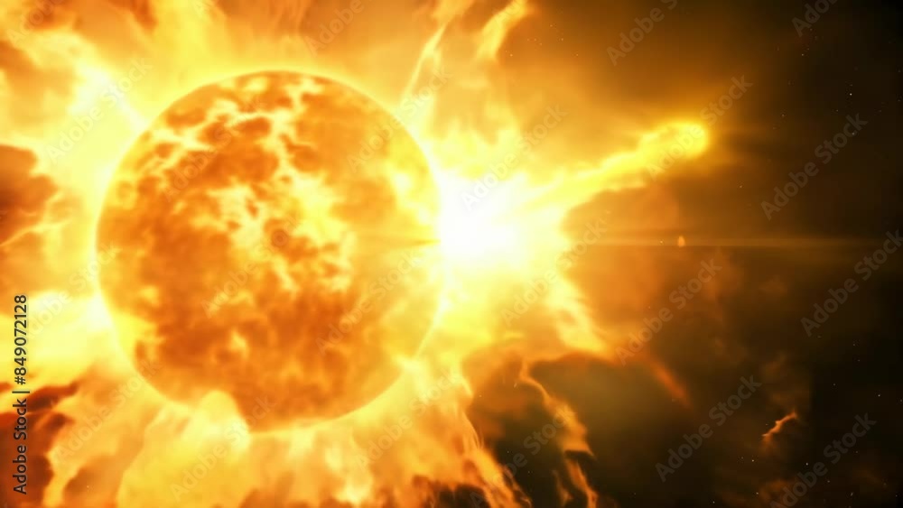 Poster Stunning image of intense solar activity with bright flares and swirling magnetic fields. Dynamic representation of solar phenomena and astrophysical processes concept. Ideal for space science and edu