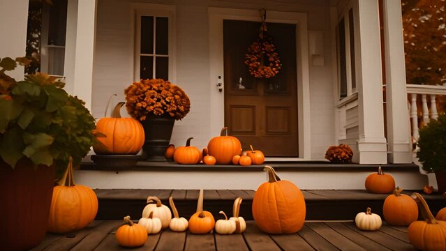 Fall Porch Decor With Pumpkins Generative AI