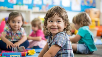 Obraz premium Engaging preschool children in early literacy and kindergarten readiness through play-based learning activities in an early childhood education setting.