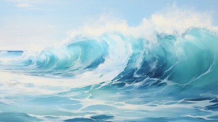 Majestic Ocean Wave Captured in Mid-Crest Against a Clear Blue Sky, Showcasing the Power and Beauty of Nature in a Serene Coastal Setting, Perfect for Themes of Tranquility, Adventure, and Natural