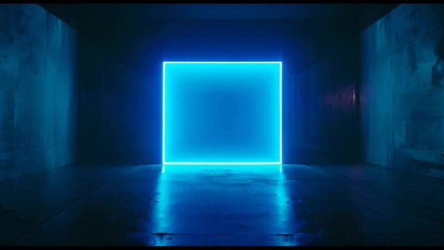 A blue square with neon lights in the middle of a dark room. The room is empty and the blue square is the only thing in it