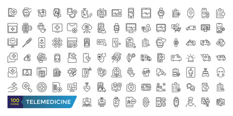 telemedicine icon set. Medical video consultation. Remote health diagnosis. Collection and pack of linear web and ui icons. Editable stroke. Vector illustration