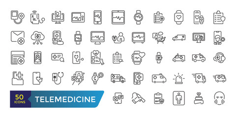 telemedicine icon set. Medical video consultation. Remote health diagnosis. Collection and pack of linear web and ui icons. Editable stroke. Vector illustration