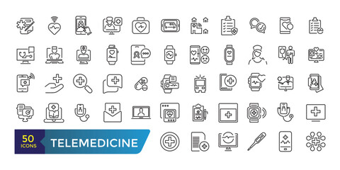 telemedicine icon set. Medical video consultation. Remote health diagnosis. Collection and pack of linear web and ui icons. Editable stroke. Vector illustration