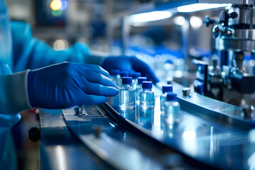 Fototapeta premium Medicine, vaccine concept, a hand wearing medical gloves is operating drugs on the assembly line