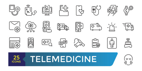 telemedicine icon set. Medical video consultation. Remote health diagnosis. Collection and pack of linear web and ui icons. Editable stroke. Vector illustration