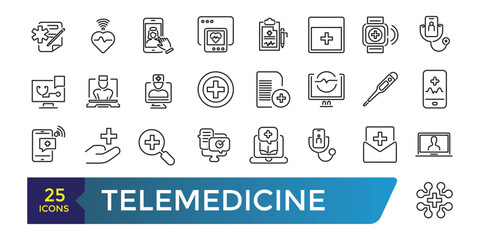 telemedicine icon set. Medical video consultation. Remote health diagnosis. Collection and pack of linear web and ui icons. Editable stroke. Vector illustration