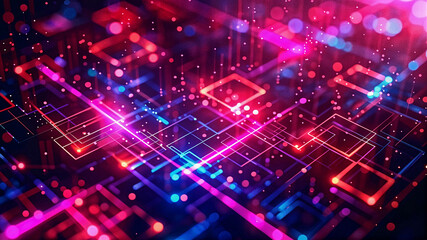 Fototapeta premium Abstract neon mesh background with glowing lines and geometric patterns on a dark background. Generative AI