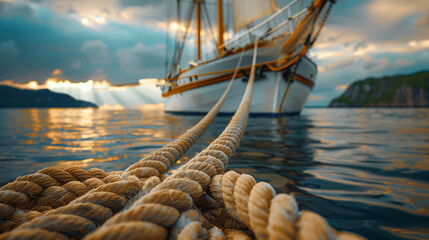 Obraz premium Sailing Ship Anchored at Sea with Dramatic Sky and Sun Rays Breaking Through Clouds, Close-Up of Nautical Ropes Leading to the Vessel, Serene Ocean Scene with Mountainous Background