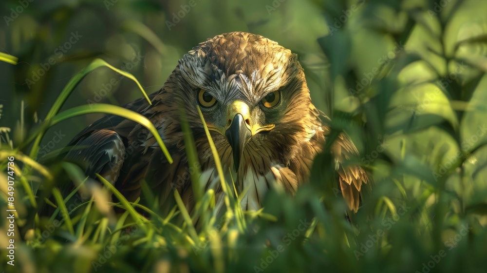 Poster Menacing lesser spotted eagle in the grass