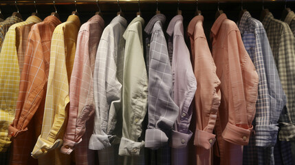 A row of shirts hanging on a rack, each with a different color and pattern