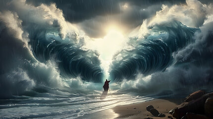 Moses parting the Red Sea, with big waves of water on either side and a path through the middle, emphasizing the miraculous event