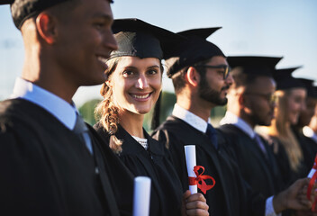 Certificate, graduation and portrait of student woman outdoor with friends for university ceremony...