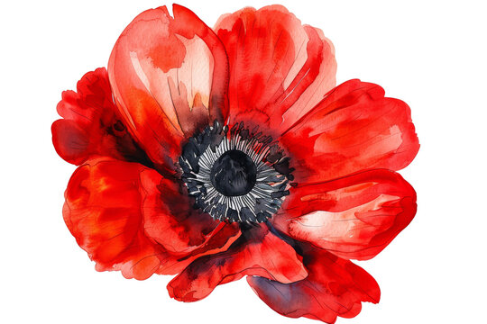 Beautiful watercolor painting of a red poppy flower with intricate details and vibrant colors. Perfect for floral art and home decor enthusiasts.