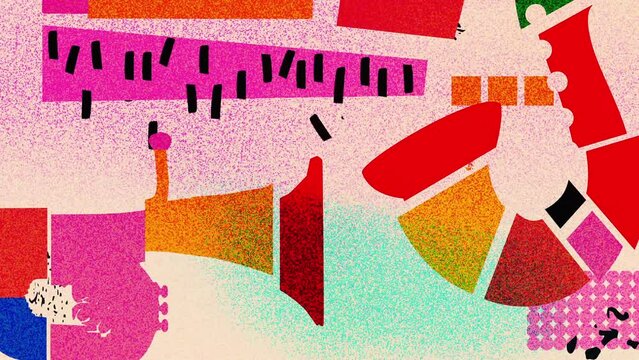 Abstract and minimalistic musical instruments assembled from colorful geometric forms and shapes. Vibrant musical collage