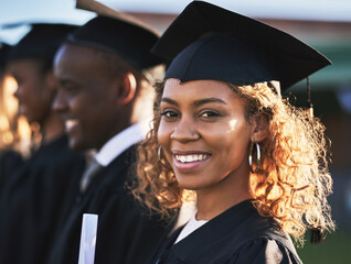 Black woman, students portrait and graduation ceremony with class group for education,...