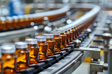 Industrial production line of medicines packed in bottles, pharmaceutic manufacturing
