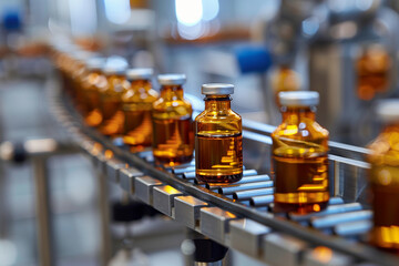 Industrial production line of medicines packed in bottles, pharmaceutic manufacturing