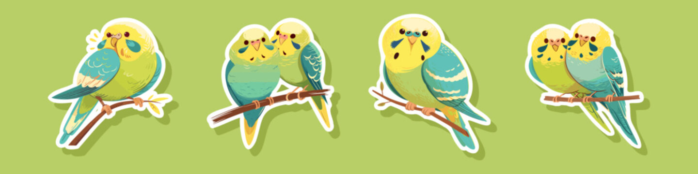 Vector green yellow budgerigar isolated on white background Parakeet on a branch, Bright Green Budgerigar, Parrot, Green Pet Parakeet, vector illustration