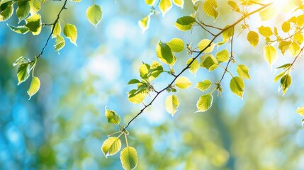 Obraz premium Birch tree branches with fresh leaves during the spring and plant pollen allergies