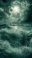 Dramatic Ocean Waves Under a Stormy Sky with Sunlight Breaking Through Clouds
