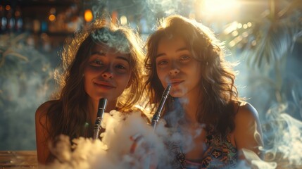 Girls party in hookah lounge smoking shisha in bar