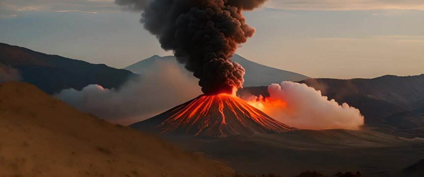 An erupting volcano is a mountain that spews out materials from within the earth such as dust, hot clouds, smoke, gravel, rocks, hot lava, cold lava, magma, and so on