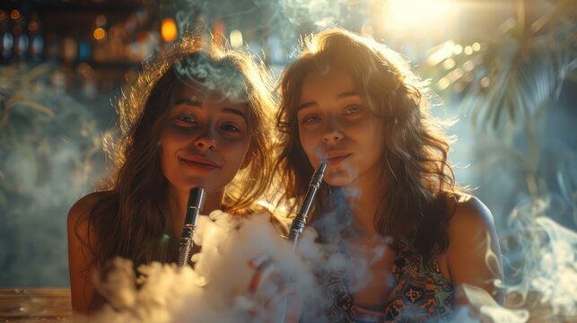 Girls party in hookah lounge smoking shisha in bar