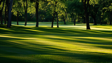 A golf course with trees in the background and the sun shining on the grass. The shadows of the trees are cast on the grass, creating a serene and peaceful atmosphere