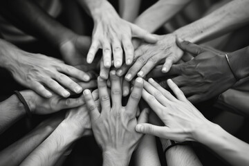 Diverse hands reaching up in unity, monochrome