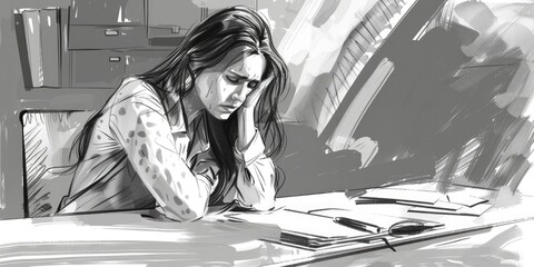 Stressed Businesswoman in Dimly Lit Office