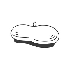 Beret Head accessory Doodle. Hat Cap Headwear garment. Isolated black line art. Vector illustration