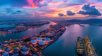 Obraz premium Aerial view of oil storage tanks and machinery at the petrochemical port with an industrial harbor during sunset. 