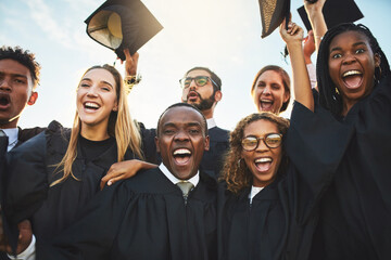 Team, students and diversity at university graduation, happiness for degree or diploma certificate....