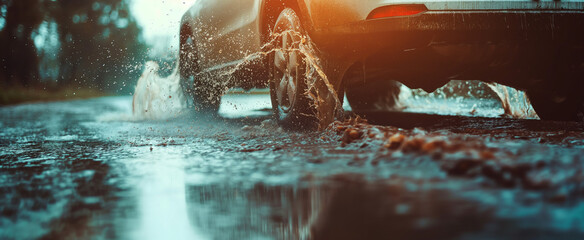 Car driving through the puddle and splashing by water