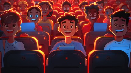 Indians sitting and watching movies in the cinema with smiling faces.