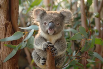 Baby Koala: A cute baby koala, clinging to a eucalyptus tree branch, with soft, fluffy gray fur. 