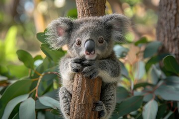 Fototapeta premium Baby Koala: A cute baby koala, clinging to a eucalyptus tree branch, with soft, fluffy gray fur. 