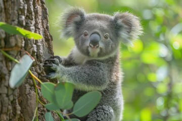 Fototapeta premium Baby Koala: A cute baby koala, clinging to a eucalyptus tree branch, with soft, fluffy gray fur. 