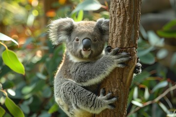 Fototapeta premium Baby Koala: A cute baby koala, clinging to a eucalyptus tree branch, with soft, fluffy gray fur. 