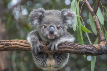 Fototapeta premium Baby Koala: A cute baby koala, clinging to a eucalyptus tree branch, with soft, fluffy gray fur. 