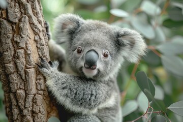 Fototapeta premium Baby Koala: A cute baby koala, clinging to a eucalyptus tree branch, with soft, fluffy gray fur. 